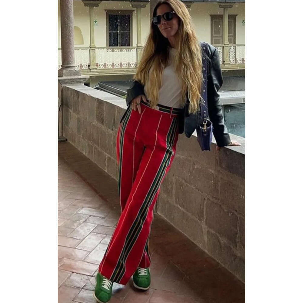 Women's Pants Contrast Color Striped Vintage Casual Straight Women High Waisted Trousers Fashion Printed Pocket Pant Z260314