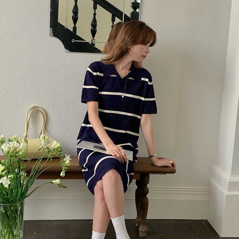 Spring Summer Women Dresses Polo Shirts Women Cotton Clothing Short Sleeve Striped Casual Long Dress for WomenT260314