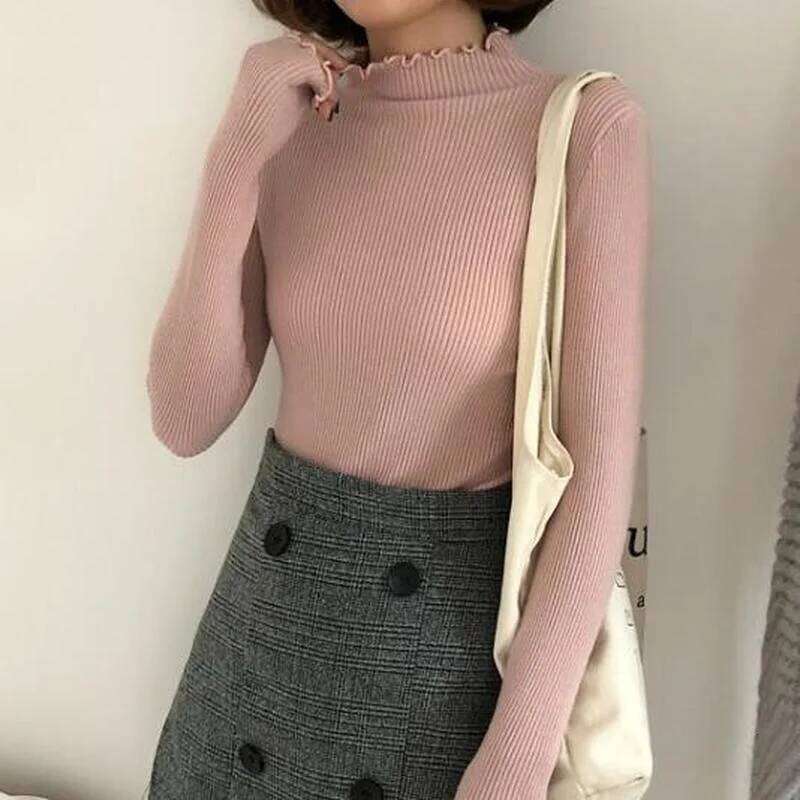2024 Winter Fashion Slim Autumn Turtleneck Ruched Women Sweater High Elastic Solid Sexy Knitted Pullovers 6785 Z260313