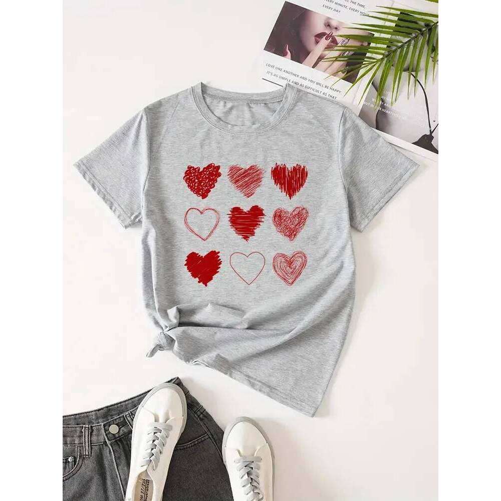Red Heart Printed T-Shirts Fashion Streetwear Short Sleeve Tee Clothing Casual Soft Women Tops Valentine's Day T-shirt Z260314