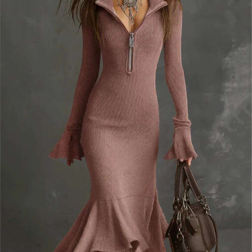 Zipper Lapel Bell Sleeves Knitted Fishtail Spring Autumn Fashion Elegant Solid Color Long-sleeved Long Dress Ropa Mujer Z260314