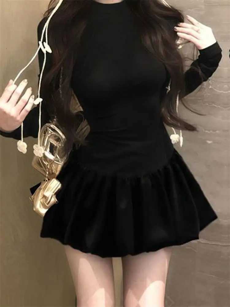Women Slim Long-Sleeve Dress Half High Collar Puffy Dress Autumn and Winter Party Solid Color Dresses Black Fashion ElegantT260316