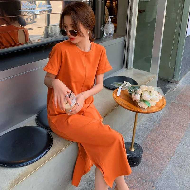 Casual Backless T Shirt Dress Summer New Round Neck Short Sleeve Solid Color Loose Midi Dress Fashion Trend Women ClothingT260314