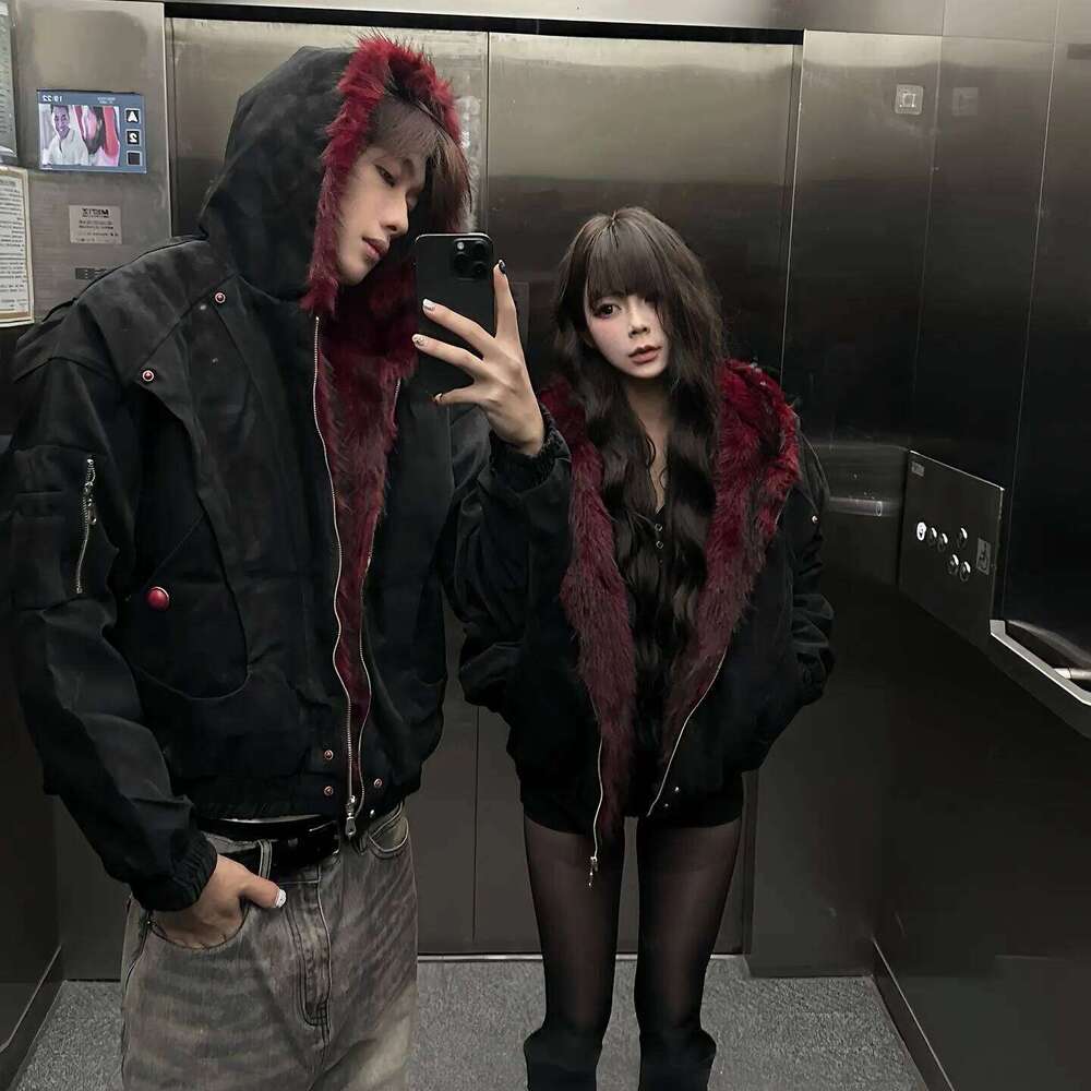 American Retro Mountain Sculpture Hooded Jacket Cotton Men Women PU Leather High-quality Winter Plus Velvet Short Wide Top Z260313