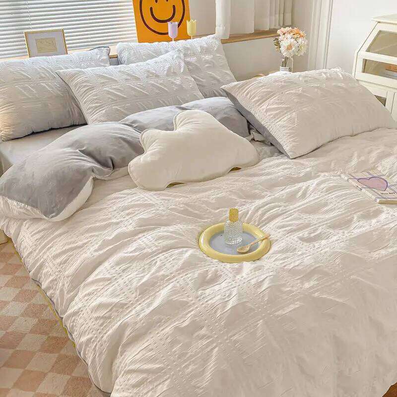 Simple Bubble Style Ab Single Quilt Bedding Four-piece Set Coral Mattress Cover Milk Fleece Bed Sheet H260312 - view 7