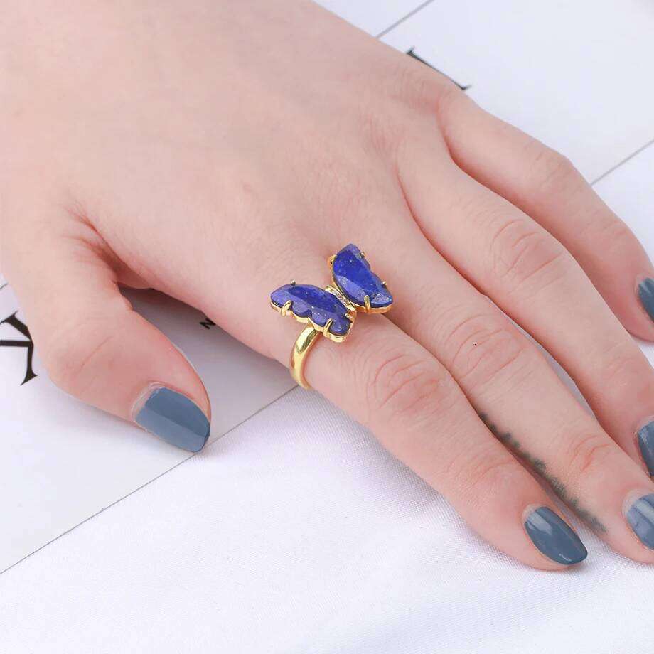 Gold Color Crystal Ring Natural Gemstone Butterfly Rings for Women Amethysts Lapis Lazui Pink Quartz Adjustable Engagement H125 H260312
