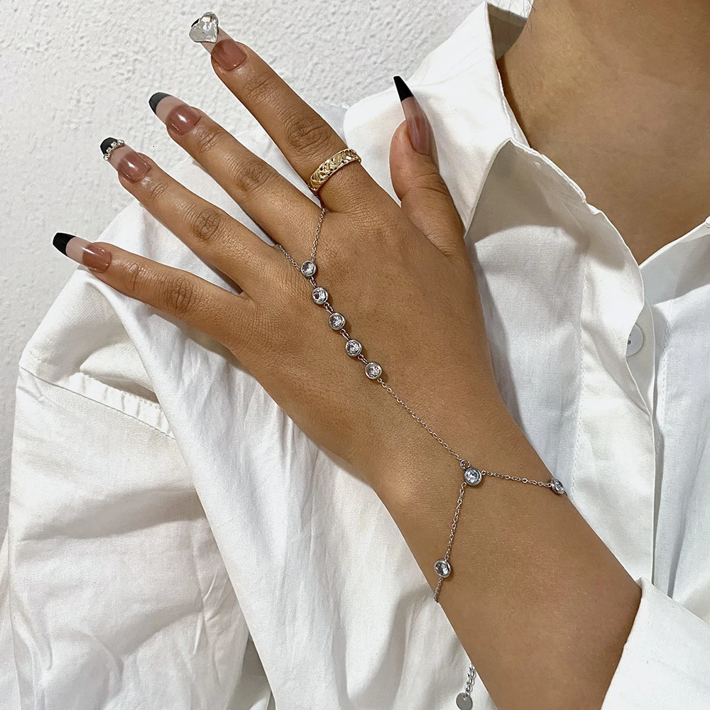 Zircon Beads Chain Bracelet for Women Link Connected Stainless Steel Silver Color Finger Ring Bracelets Hand Harness Jewelry 260313