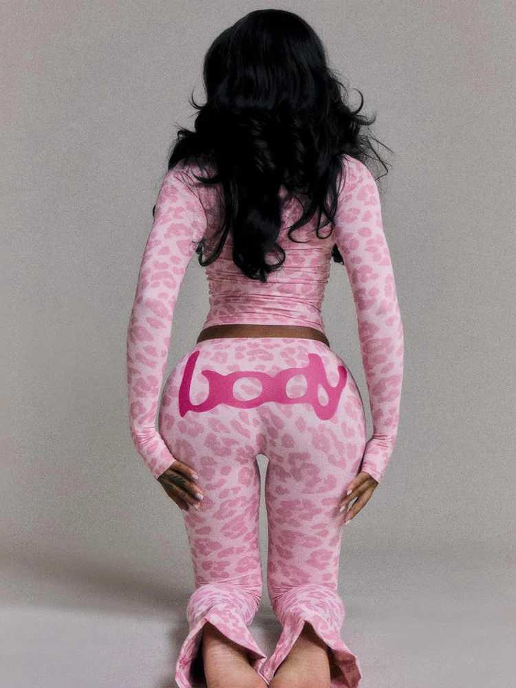 Weird Puss Letter Leopard Print 2 Piece Set Women Casual Zip Hooded Crop JackeLeggings Matching Stretch Sporty Street Outfits M260313