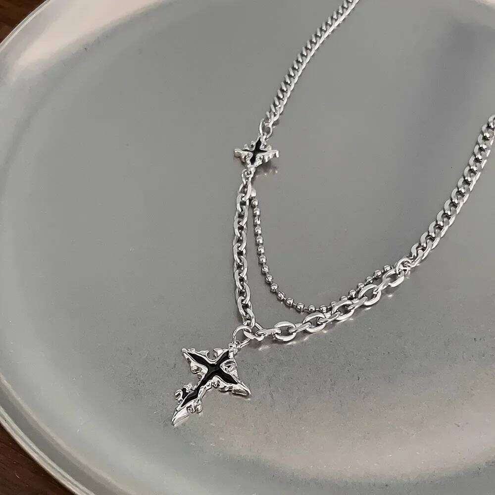 Punk Black Cross Necklace For Men Women Trend Titanium Steel Chain Sweater Pendant Hip Hop Jewelry Cool Accessories H260312
