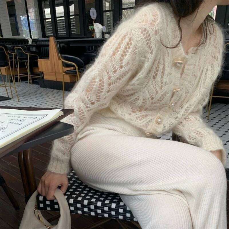 Korean Style V-neck Short Knitted Sweaters Women Thin Cardigan French mohair Fashion Sleeve Sun Protection Crop Top Ropa Mujer Z260313