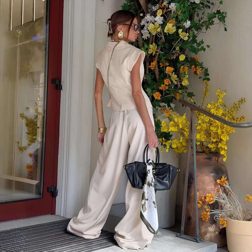 European American Cross Border Women S Clothing Khaki Suit Unique Design Unisex Sleeveless Blazer With Collar And Long Pants Two Piece Set MAKOUFEI