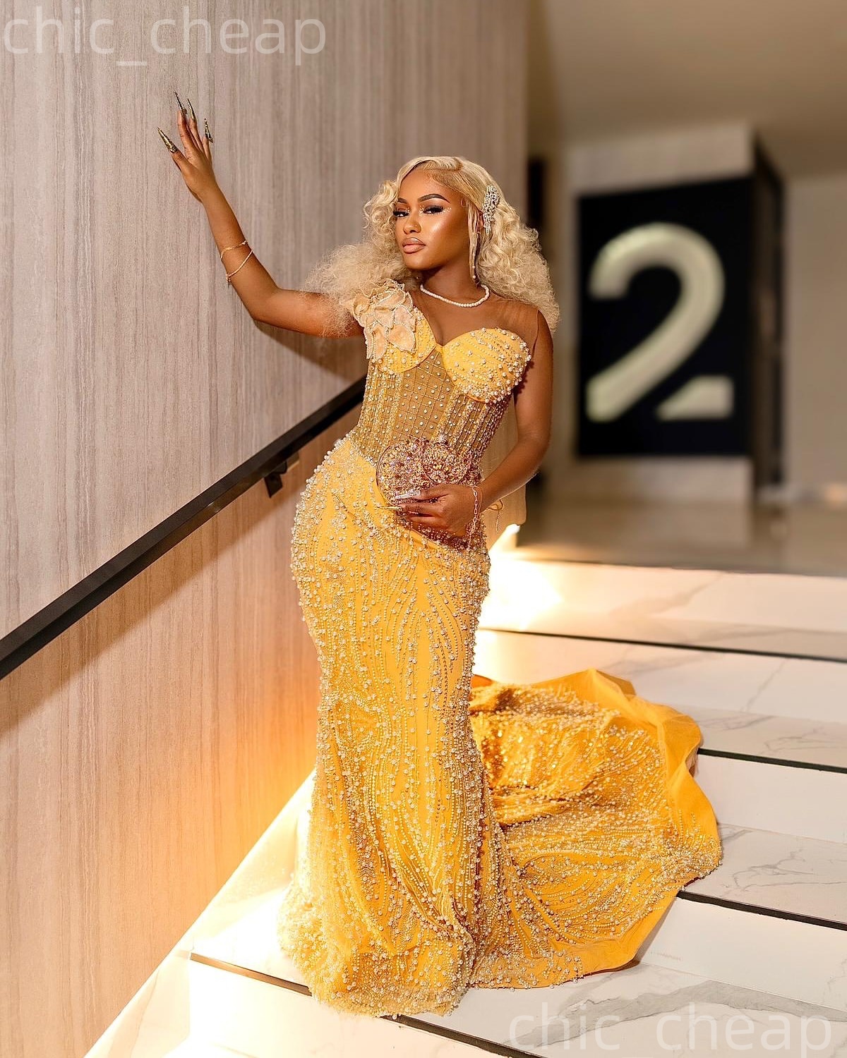 2K26 Yellow Prom Dress 2026 Mermaid Prom Dress Florals Sheer Neck Pearls Sequined Evening Dresses Birthday Party Formal Receiption Gowns Dresses ZJ079