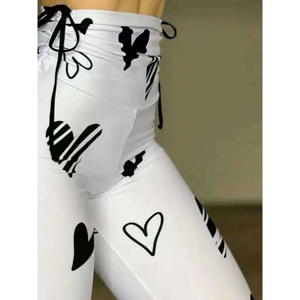 Summer Spring Women's Trousers Drawstring Love Pattern Print Yoga Exercise High Waist Fitness Leggings Ladies Cropped Pants