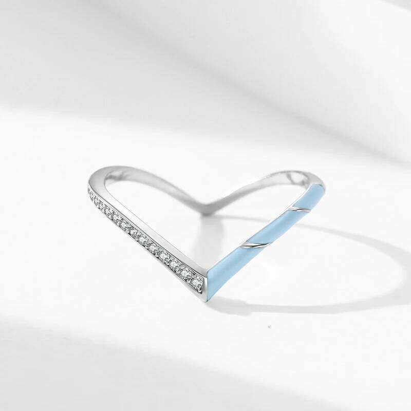 Ailmay 925 Sterling Silver Fashion Romantic Blue Enamel V-Shaped Sparkling CZ Finger Ring For Women Valentine's Day Jewelry Gift H260312