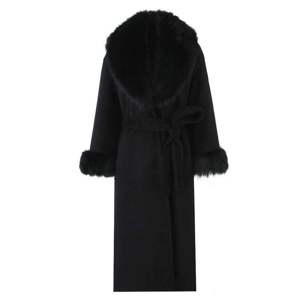 Black Belted Women Winter Overcoat Furry Collar Spliced Back Split Lady Mink Jacket Long Elegant Female Eco Fur Coat Z260313