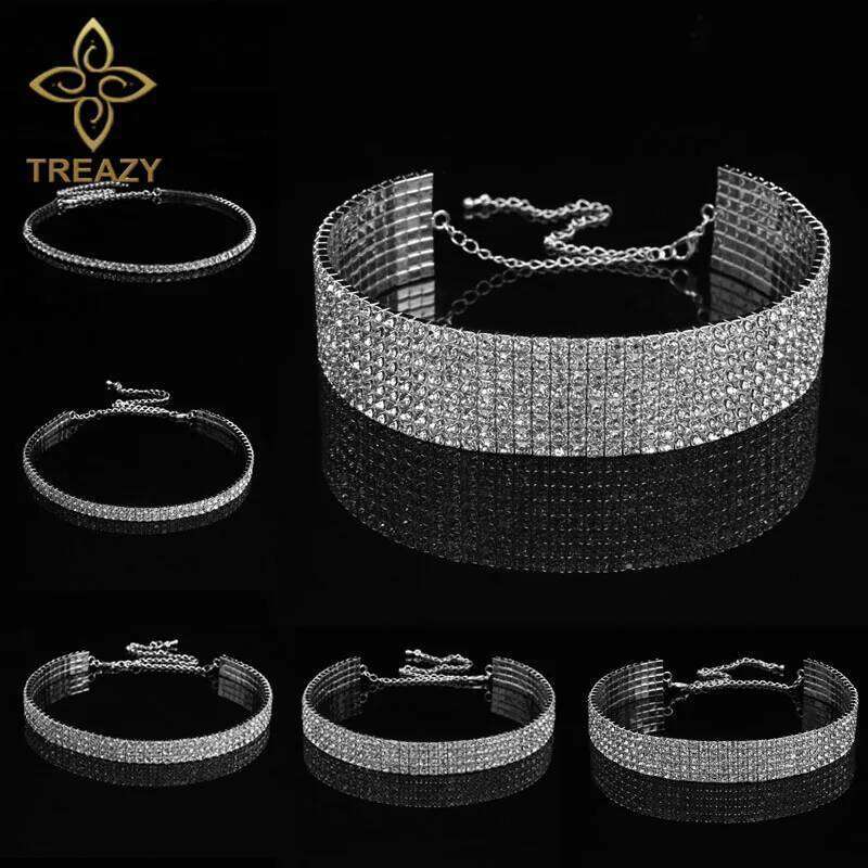 TREAZY Bridal Wedding Prom 1-5 Row Rhinestone Chain for Women Diamante Crystal Choker Necklace Elastic Cord H260312