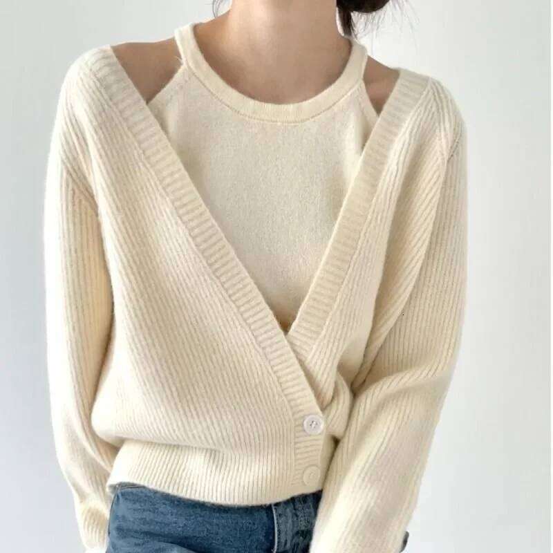 Korean Autumn and Winter New Style V-neck Sweater Cardigan Cashmere Knitted Vest Design Sense Two-piece Set Women's Top Jumper Z260313