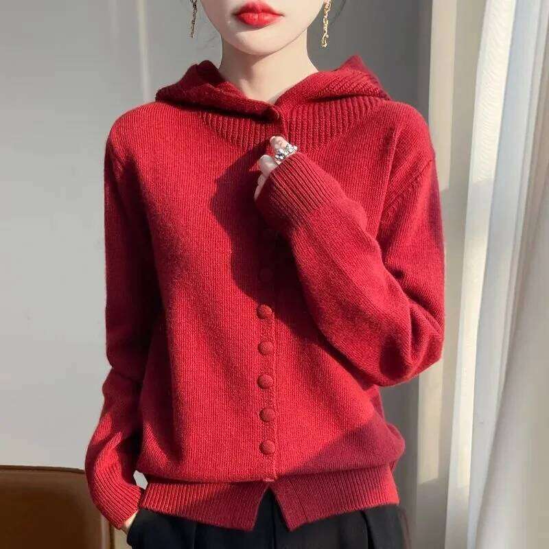 100% Merino Wool Sweater Korean Fashion Coat Solid Color Top 2025 Spring/Autumn/Winter Women Hooded Cardigan Z260313