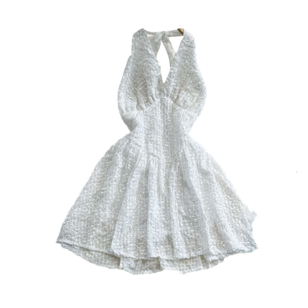 Spring and summer Korean A12 fashion high-end backless collar deep V-neck backless waist cinching slim fit sleeveless fluffy short skirt