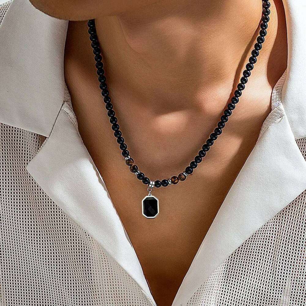 Natural Black Tiger Stone Colorful Beaded Pendant for Men's Trend Hip Hop Niche Collarbone Chain Necklace Paty Jewelry H260312