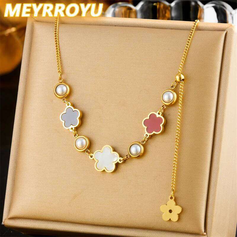 MEYRROYU 316L Stainless Steel White Black Red Five Flower Round Pearl Necklace Womens Trend flowers Neck Jewelry Gift Party H260312