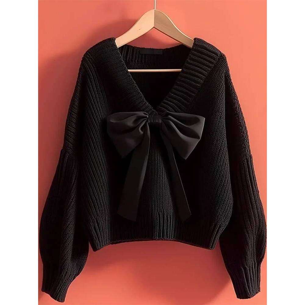 Bow Fashion Korean Knitted Sweater Women's Casual Baggy Long Sleeved V-neck Jumpers Soft Loose Warm Knitwear Pullovers Z260313