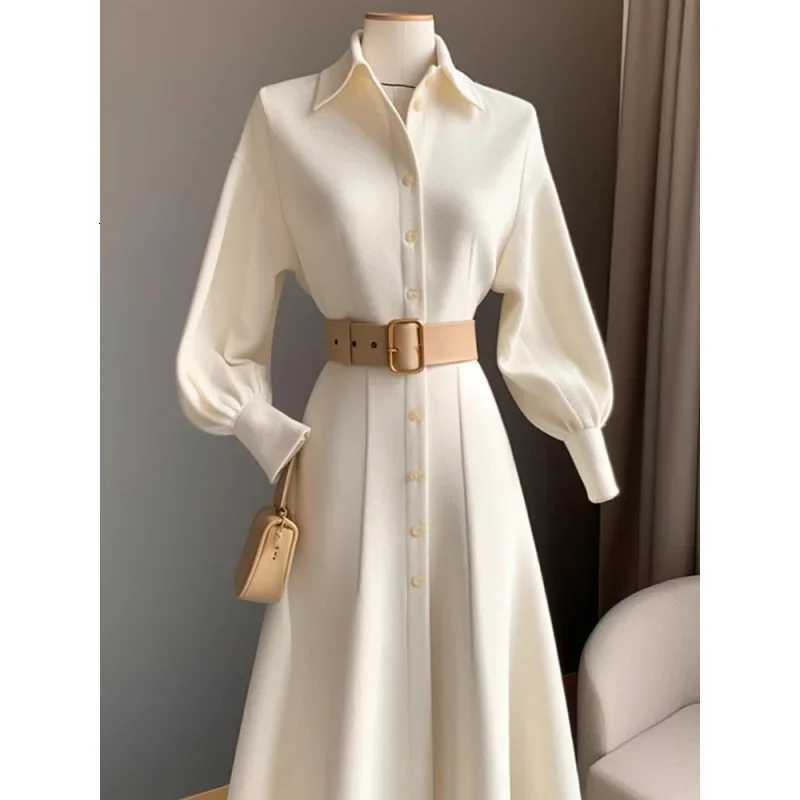 Fashionable Commuting White Dress Korean Style Fall/Winter New Waist-Fitted Slimming Shirt A- Line Skirt Clean ChicT260314