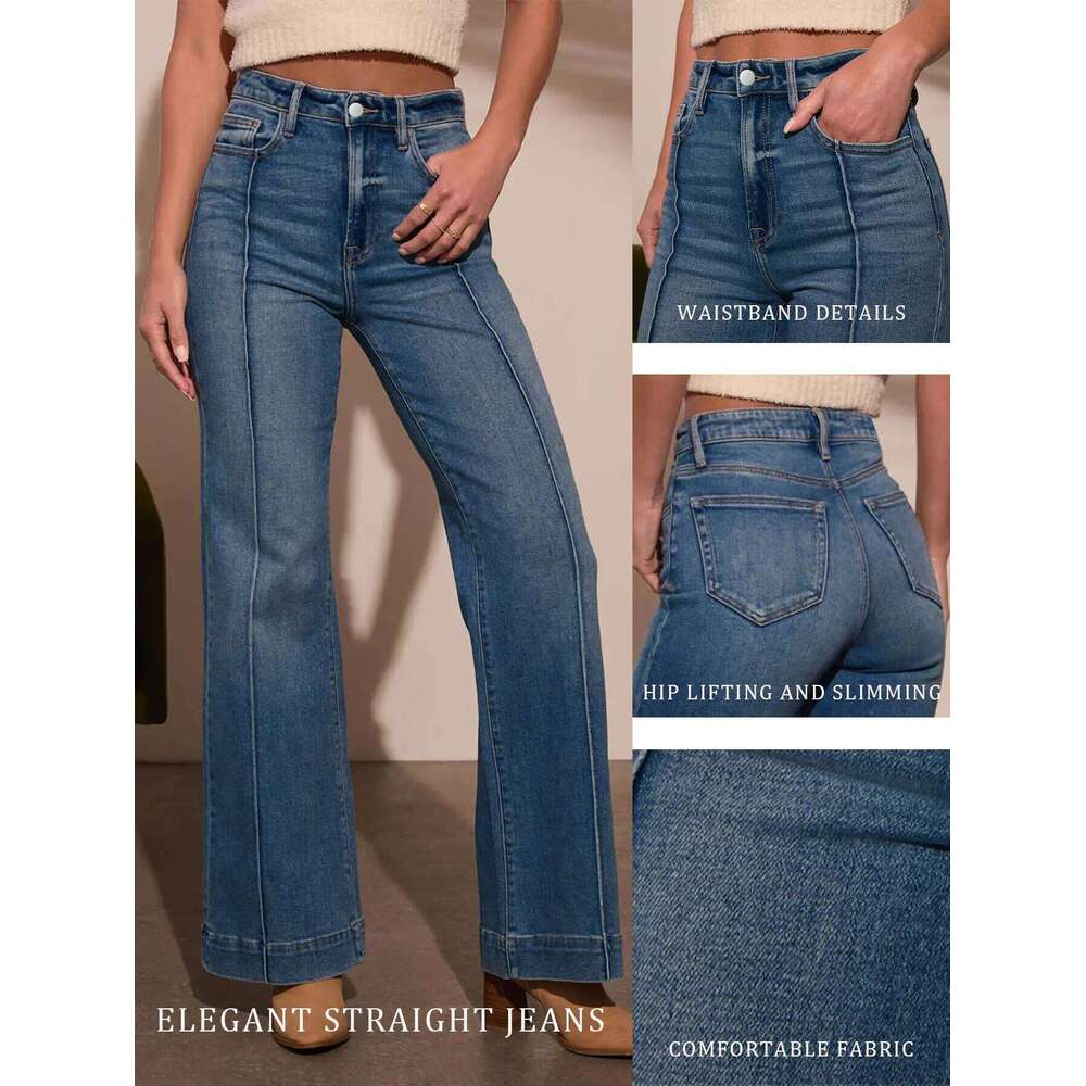 Autumn new women's dark blue high waist straight slim fit wide leg version stretch denim fabric elegant intellectual jeans Z260313