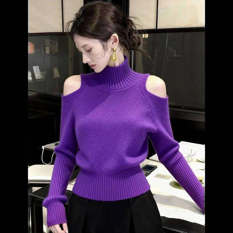 Red Off Shoulder Turtleneck Sweater Women Autumn Winter Lazy High End Sense Top Unique Stylish Knit Base Shirt Z260313
