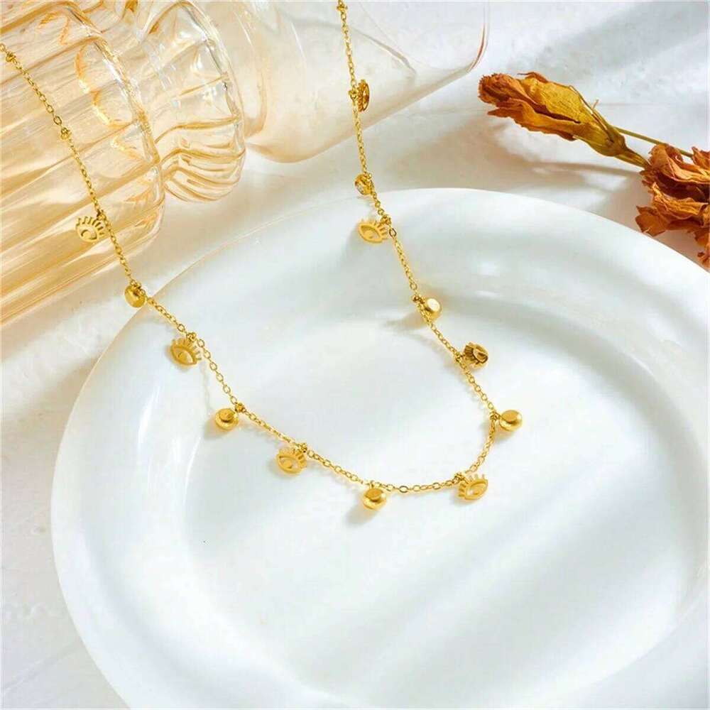 New Vintage 18K Gold Plated Stainless Steel Evil Eye Pendant Clavicle Chain Necklace for Women Party Jewelry Gifts H260312
