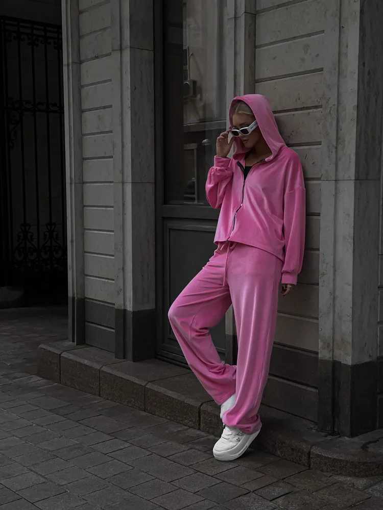 2025 Autumn Womens set Solid color long-sleeved cardigan hoodie sportswear long pants two-piece set set womens clothing M260313