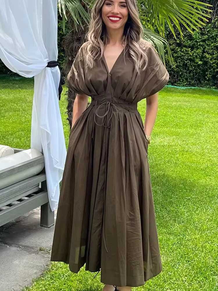 HH Womens New Fashion V-neck Pleated Down Shoulder Short Sleeve Midi Dress Female Temperament High-waist Casual Long DressT260316