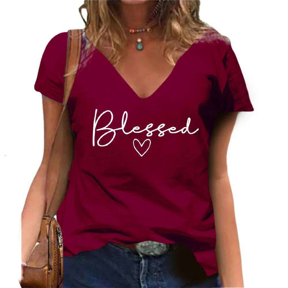 Blessed printed V-neck T-shirt casual short sleeved Women Fashion Streetwear Oversized V-Neck Z260314