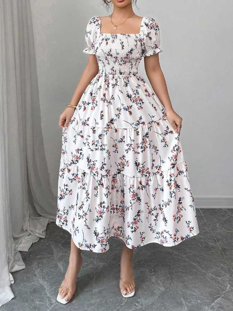 New Summer Fashion Womens Printed DressShort Sleeved DressesWhite DressesFloral DressesElegant DressesWomans ClothingT260316