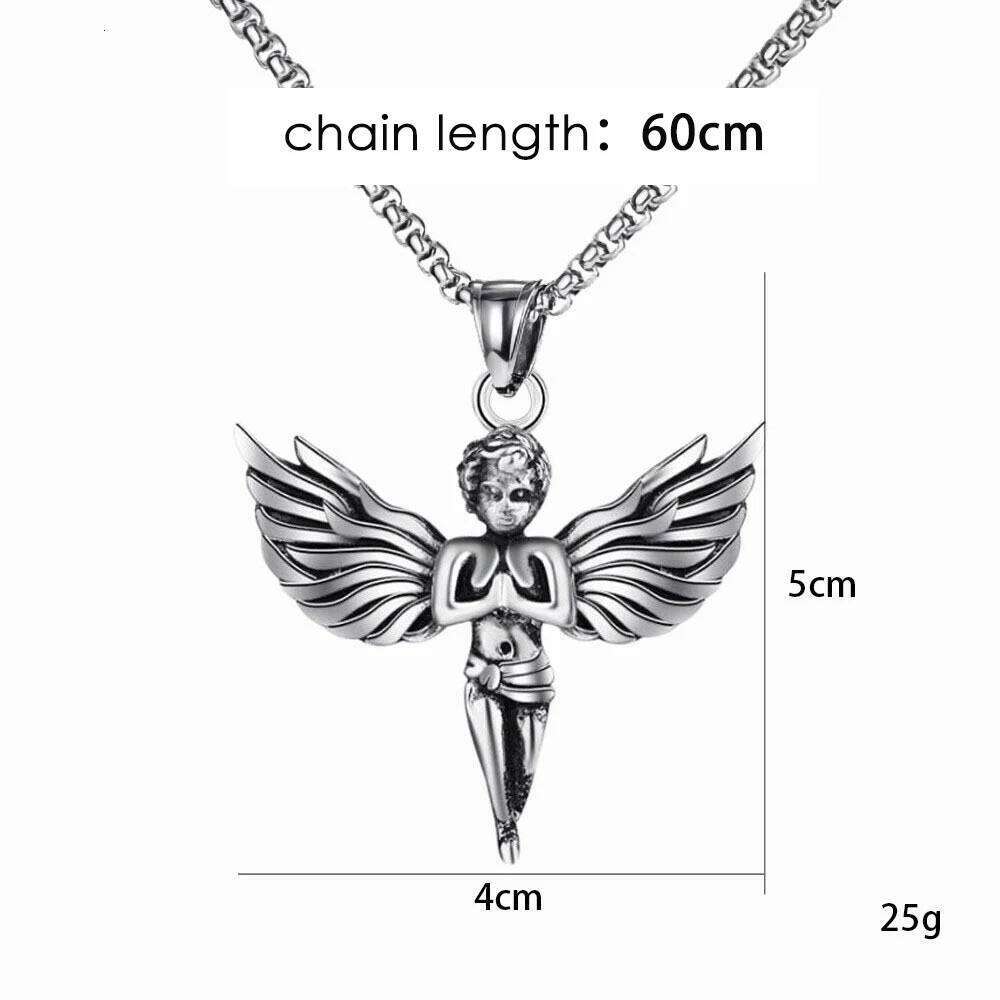 Angel With Feather Wing Pendant Necklace Stainless Steel Retro Punk Fashion Silver Color Hip Hop Rock Neck Jewelry Party Gifts H260312