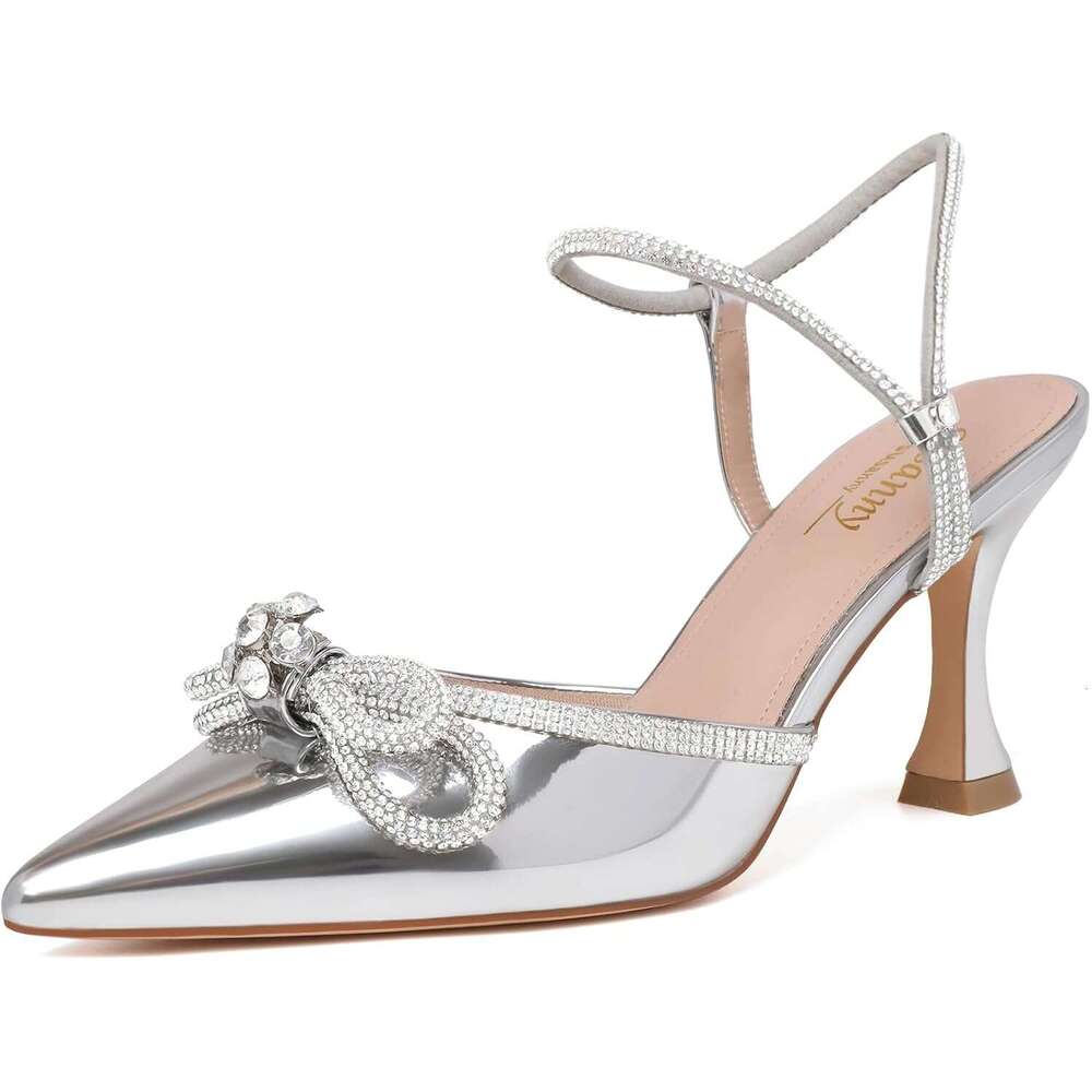 Women S Closed Rhinstone Wedding Low Heel Slingback Clear Kitten Heels Adjustable Strap Pointed Toe Bow Pumps High Heeled Prom Dress Shoes MOJIDASHU
