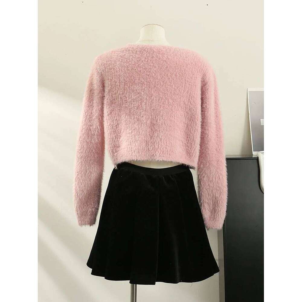 Women Lace Up V-neck Plush Knitted Cardigan Autumn Winter New Korean Version Sweet Versatile Look Thin Sweater Long Sleeve Top Z260313