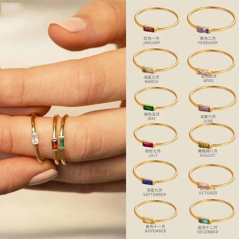 CARLIDANA Mimalist 18K Gold Plated Square Simple Colorful Zircon Stainless Steel 12 Months Birthstone Stackable Ring for Women H260312
