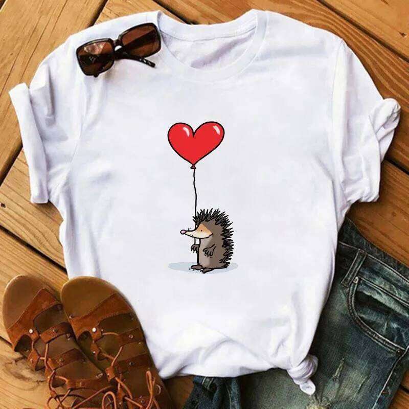 Cotton 100% Women's Short Sleeve Explosive Hedgehog Print Fashion Crew Neck T-shirt Oversized T Shirt Aesthetic Clothes Tops Z260314