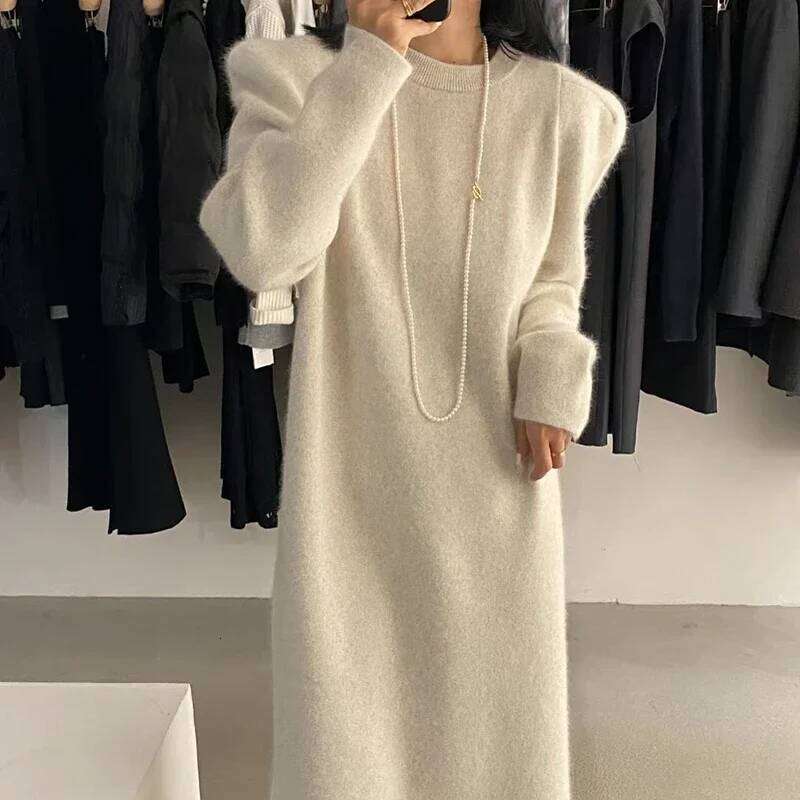 Korean Version of Autumn and Winter Puff Sleeve Sweater Dress 2025 New Mid-length Over-knee Knitted Long Skirt for Women Z260313