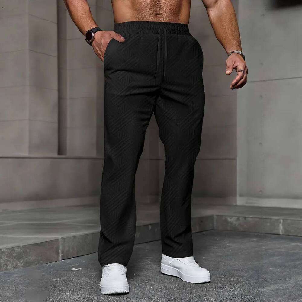 Men's sporty casual trousers, fashionable jacquard elastic waist street pants, solid-color loose all-season pants Z260315