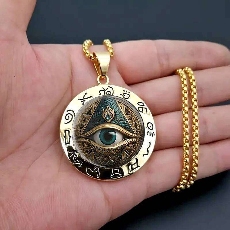 1 Piece Beautiful Ancient Egyptian Script Round Fashion Glass Alloy Gold Color Pendant Necklace H260312