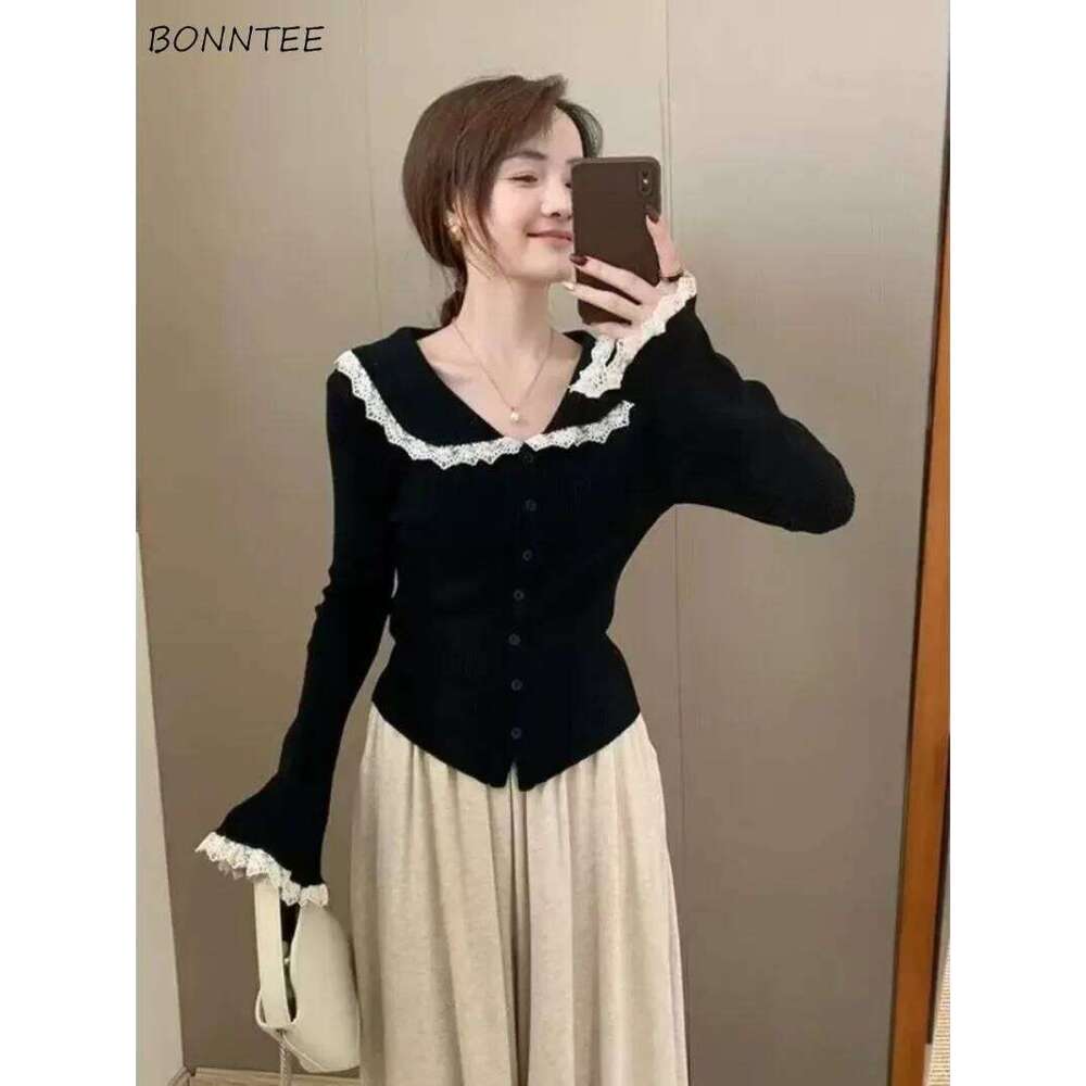 Cardigan Women Peter Pan Collar Korean Fashion Knitted Lace Patchwork All-match Inner Autumn Daily Cozy Temperament Top Ulzzang Z260313
