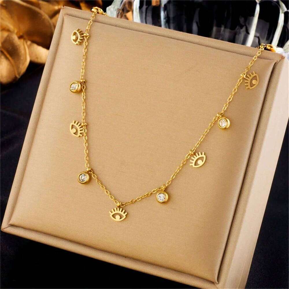 New Vintage 18K Gold Plated Stainless Steel Evil Eye Pendant Clavicle Chain Necklace for Women Party Jewelry Gifts H260312