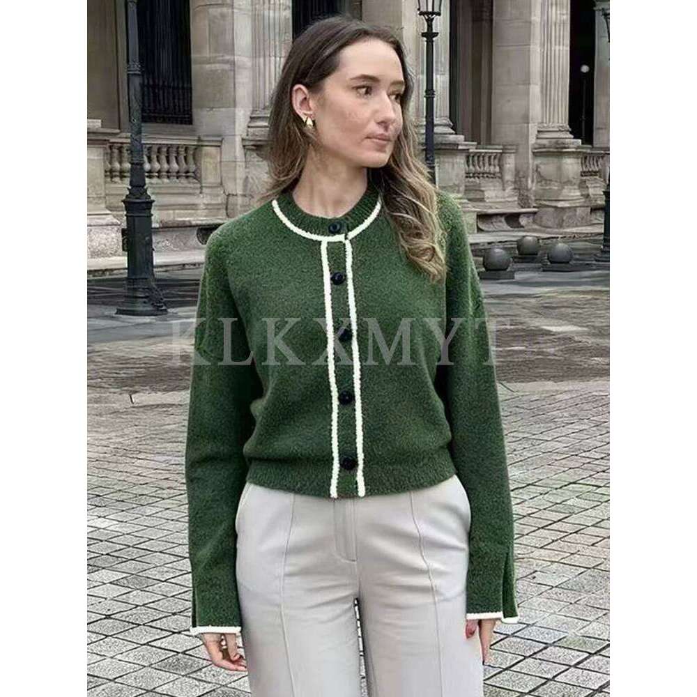 2025 Fashion Contrast Striped Long Sleeve Button Cardigan Women Hight Street Elegant Knitted Jacket Z260313
