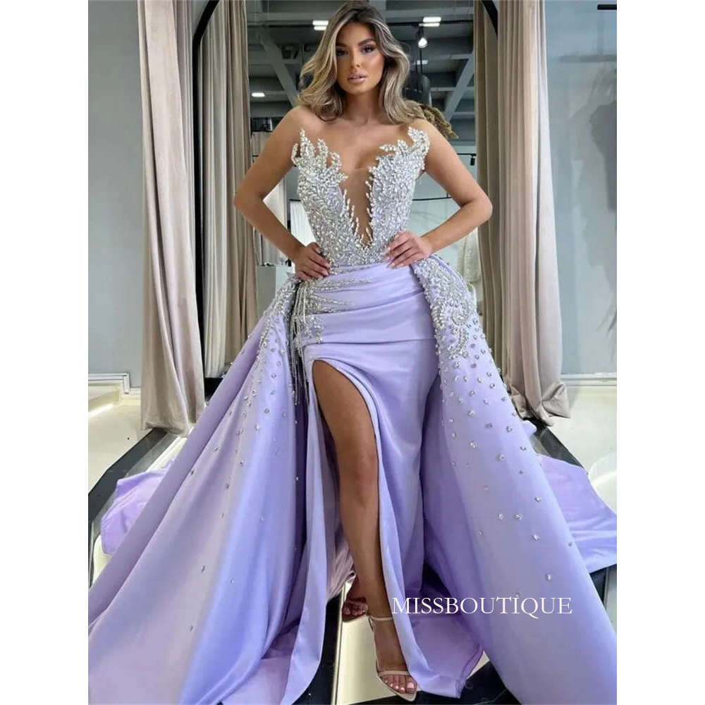 Beaded Dubai Evening 2024 Sexy Sheer Neck Crystals Prom Dresses With Detachable Skirt Split Special Occasion Dress Saudi Arabia Wear B0313
