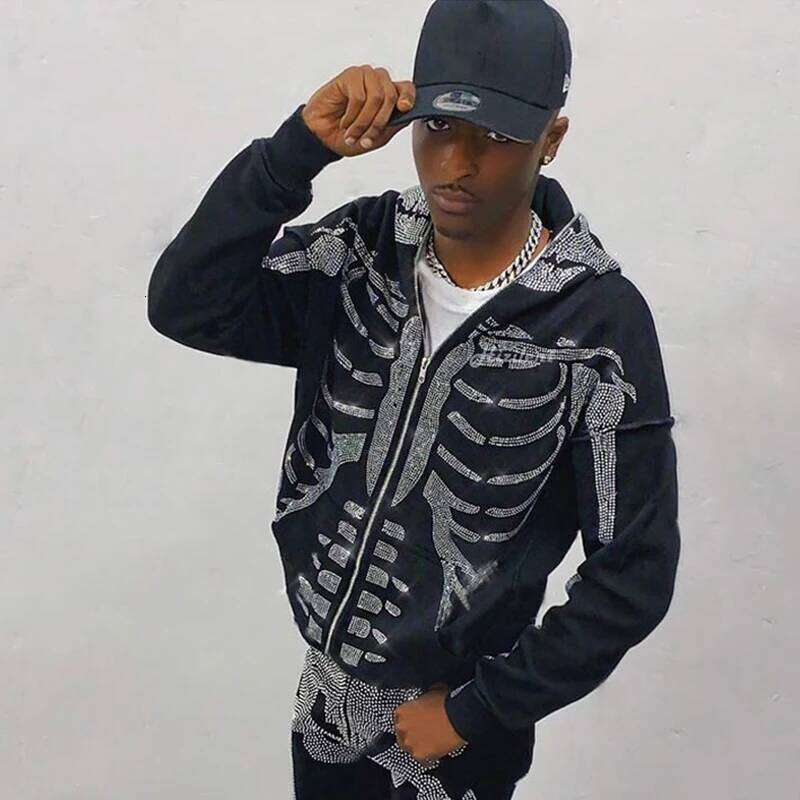 Gothic Long Sleeve Rhinestone Skeleton Y2k Jacket Men Hoodies Oversized Full Zip Hoodie Goth Sweatshirt Sport Coat Autumn 26Y0313