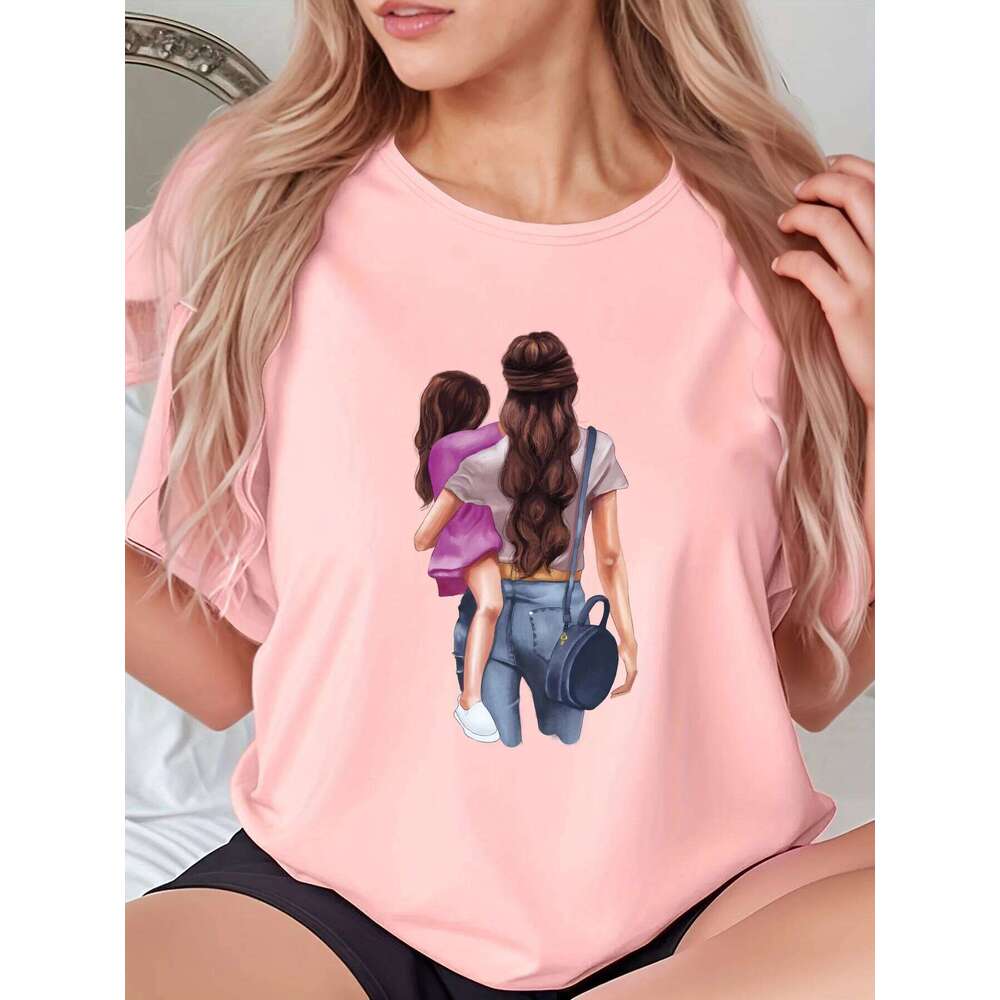 Interesting Mother Daughter Silhouette Print Women's Casual Sleeve T-shirt Shirt Fashionable and Unique Summer Z260314