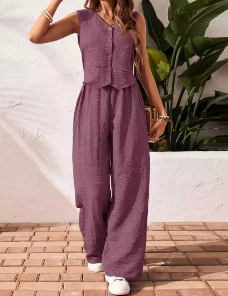 Casual Cotton Linen V-neck Single Breasted Sleeveless Vest wide Leg Pants Womens Fashionable Comfortable Daily Commuting Set M260313