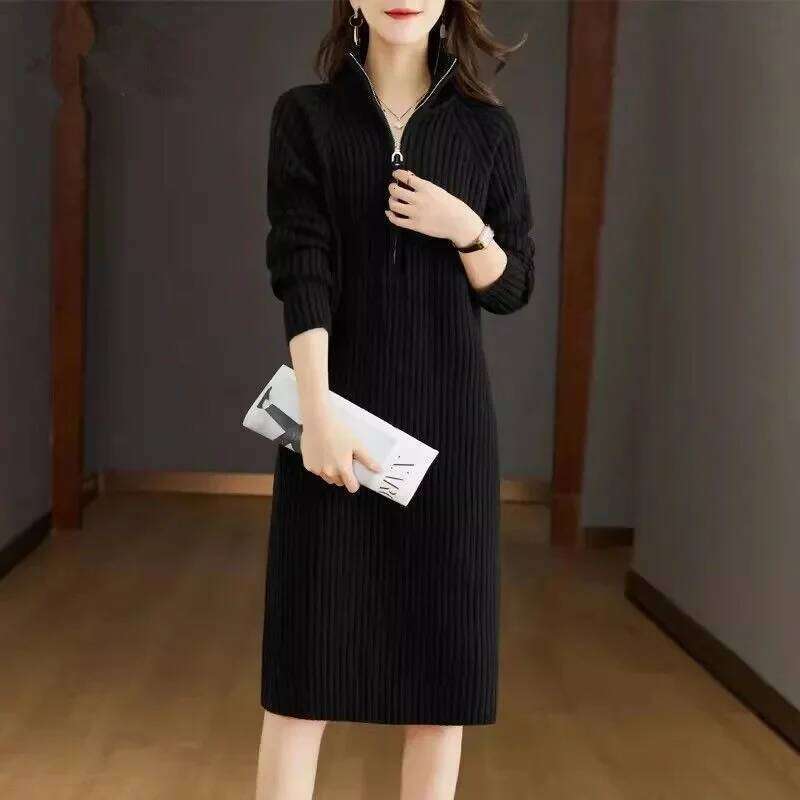 2024 Autumn/Winter New Large Knitted Medium length Half Zipper Solid color Loose Casual Long Sleeve Dress Women's Trendy Z260313